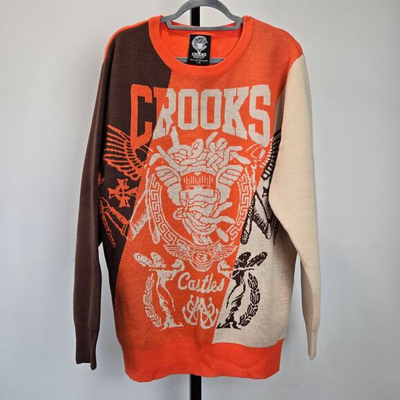 Crooks and Castles Knit Sweater Logo Color Block Orange Y2K Streetwear Large Men - Picture 1 of 7